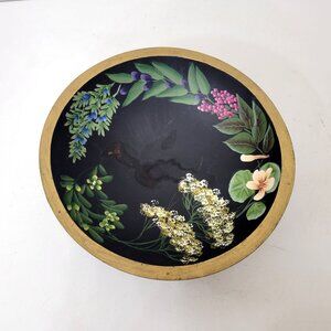 Hand-Painted Wooden Bowl With Floral Design & Gold Rim